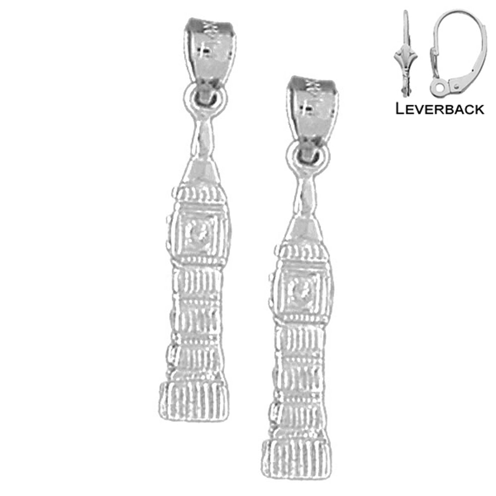 Pendientes Big Ben 3D de plata de ley de 27 mm (chapados en oro blanco o amarillo)