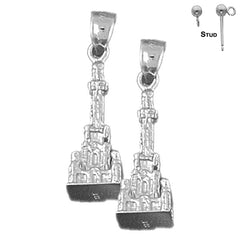 Sterling Silver 27mm 3D Buddhist Shrine Earrings (White or Yellow Gold Plated)