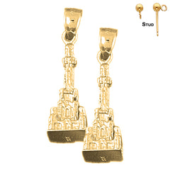 Sterling Silver 27mm 3D Buddhist Shrine Earrings (White or Yellow Gold Plated)