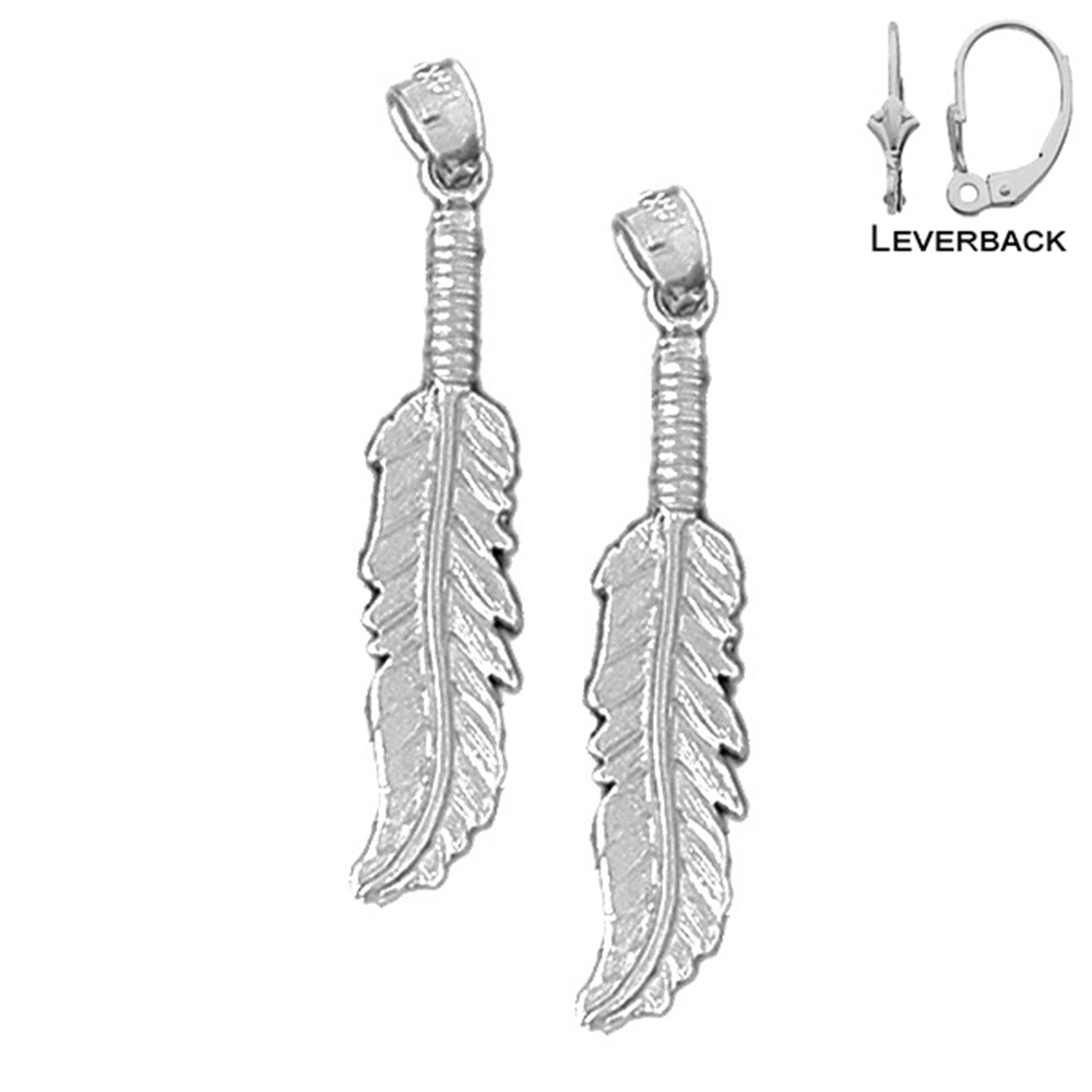 Sterling Silver 34mm Feather Earrings (White or Yellow Gold Plated)