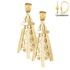 Sterling Silver 44mm Oil Well, Oil Rig Earrings (White or Yellow Gold Plated)