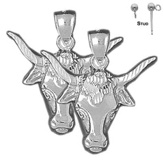 Sterling Silver 31mm Steer Head Earrings (White or Yellow Gold Plated)