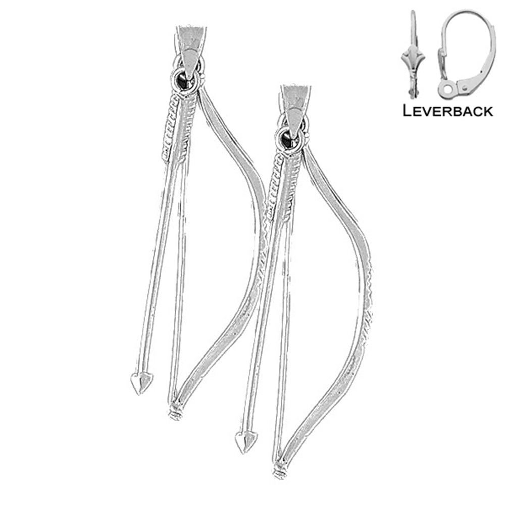 Sterling Silver 50mm 3D Bow & Arrow Earrings (White or Yellow Gold Plated)