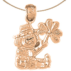 14K or 18K Gold Leprechaun With Clover, Shamrock Pendant