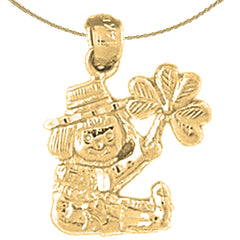 14K or 18K Gold Leprechaun With Clover, Shamrock Pendant