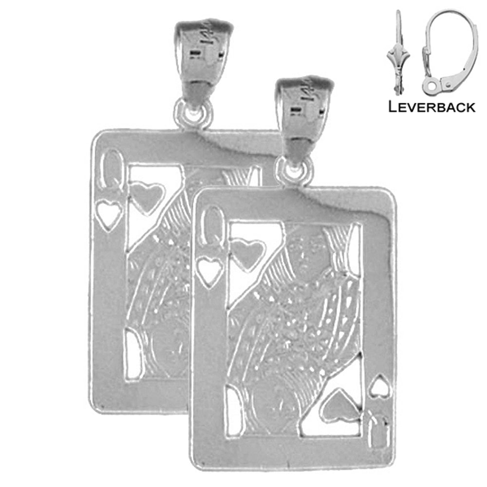 Sterling Silver 29mm Playing Cards, Queen Of Hearts Earrings (White or Yellow Gold Plated)