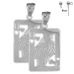 Sterling Silver 29mm Playing Cards, Queen Of Hearts Earrings (White or Yellow Gold Plated)