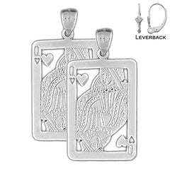 Sterling Silver 45mm Playing Cards, Queen Of Hearts Earrings (White or Yellow Gold Plated)