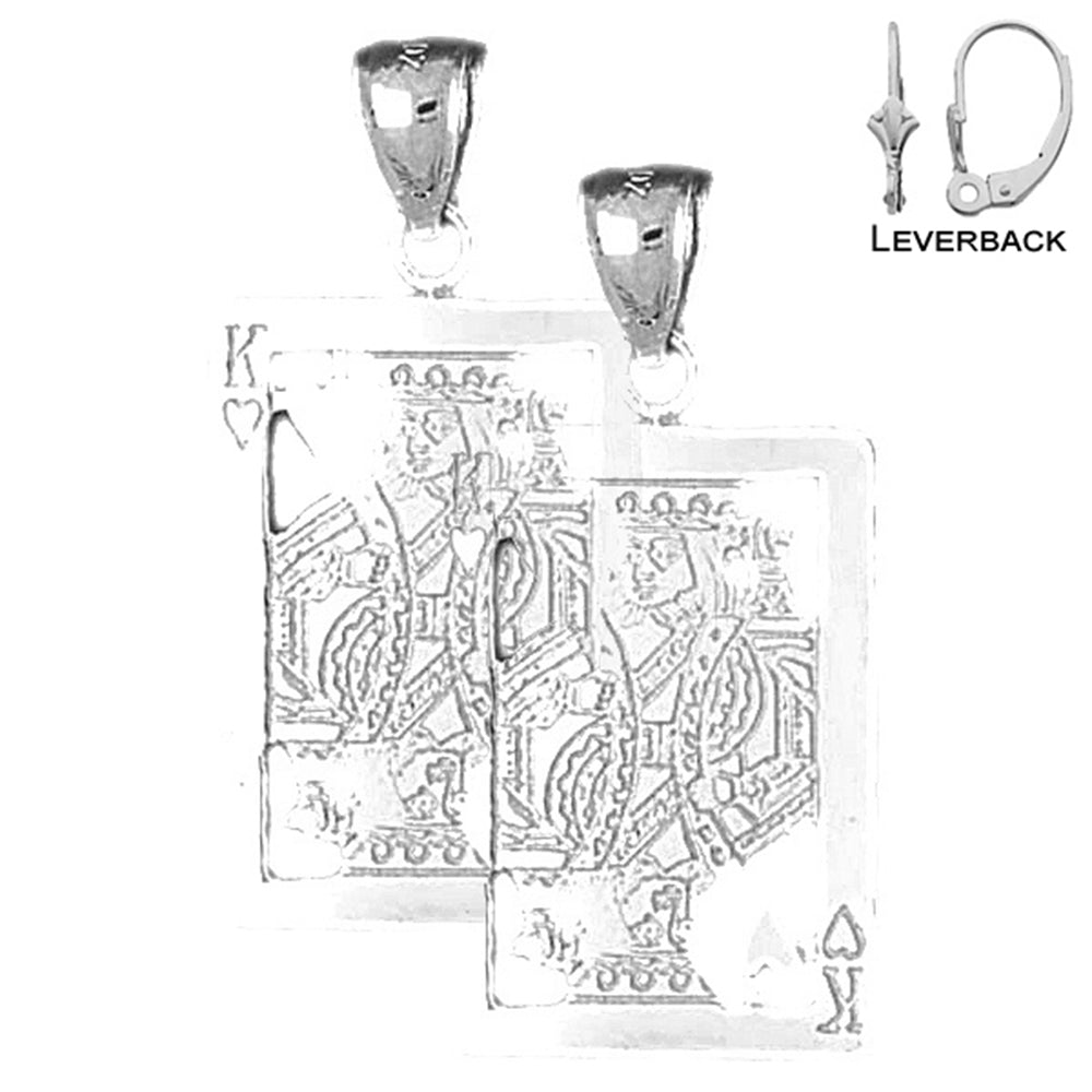 Spielkarten-Ohrringe „Herzkönig“ aus Sterlingsilber, 34 mm (weiß- oder gelbvergoldet)