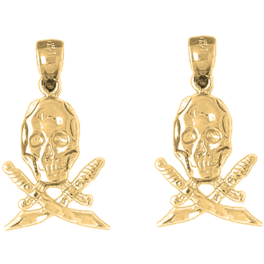 14K or 18K Gold 25mm Skull With Swords Earrings