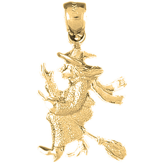 10K, 14K or 18K Gold Witch On Broom Pendant