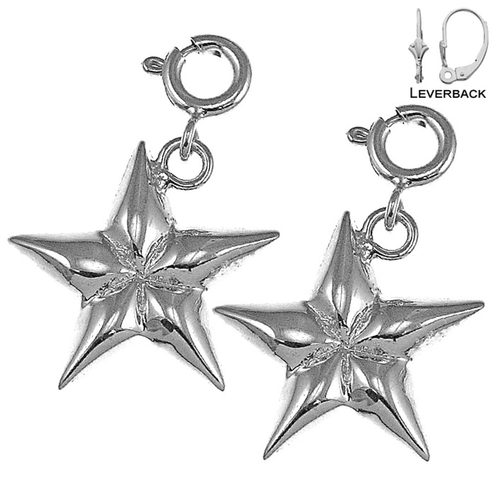 Pendientes de estrella de plata de ley de 21 mm (chapados en oro blanco o amarillo)