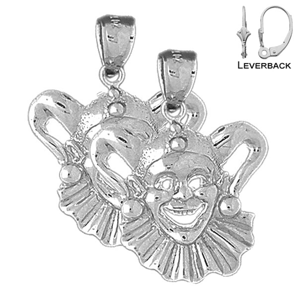 Sterling Silver 30mm Clown, Jester Earrings (White or Yellow Gold Plated)