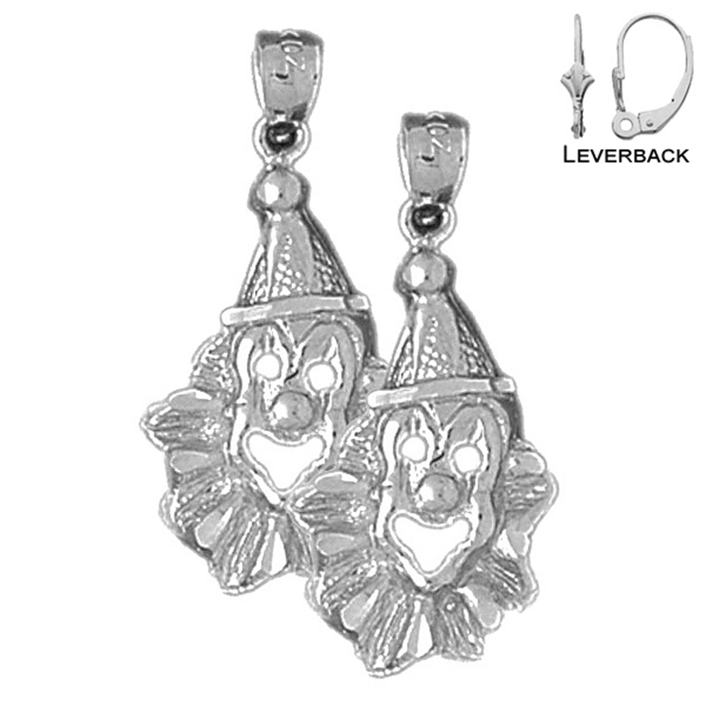 Sterling Silver 28mm Clown Earrings (White or Yellow Gold Plated)