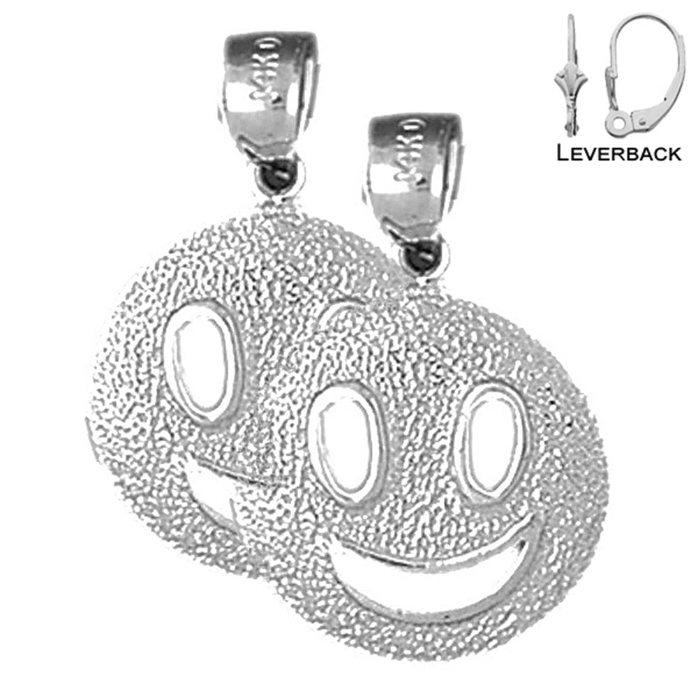 Sterling Silver 23mm Happy Face Earrings (White or Yellow Gold Plated)