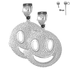 Sterling Silver 23mm Happy Face Earrings (White or Yellow Gold Plated)