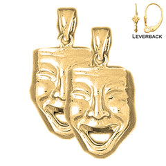 Sterling Silver 26mm Drama Mask, Laugh Now Earrings (White or Yellow Gold Plated)