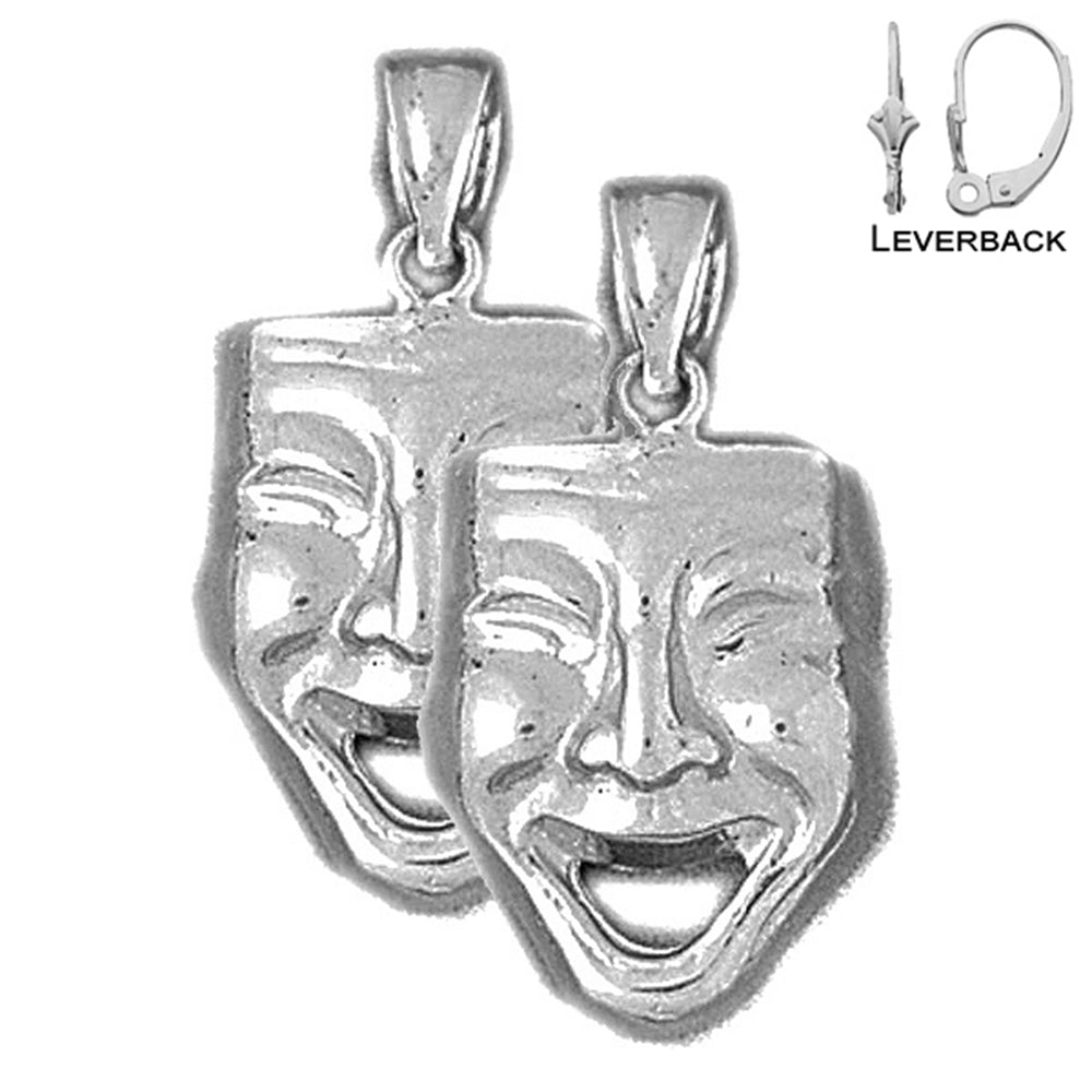Sterling Silver 26mm Drama Mask, Laugh Now Earrings (White or Yellow Gold Plated)