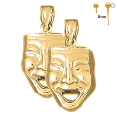 Sterling Silver 26mm Drama Mask, Laugh Now Earrings (White or Yellow Gold Plated)