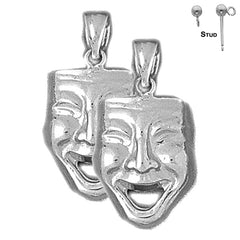 Sterling Silver 26mm Drama Mask, Laugh Now Earrings (White or Yellow Gold Plated)