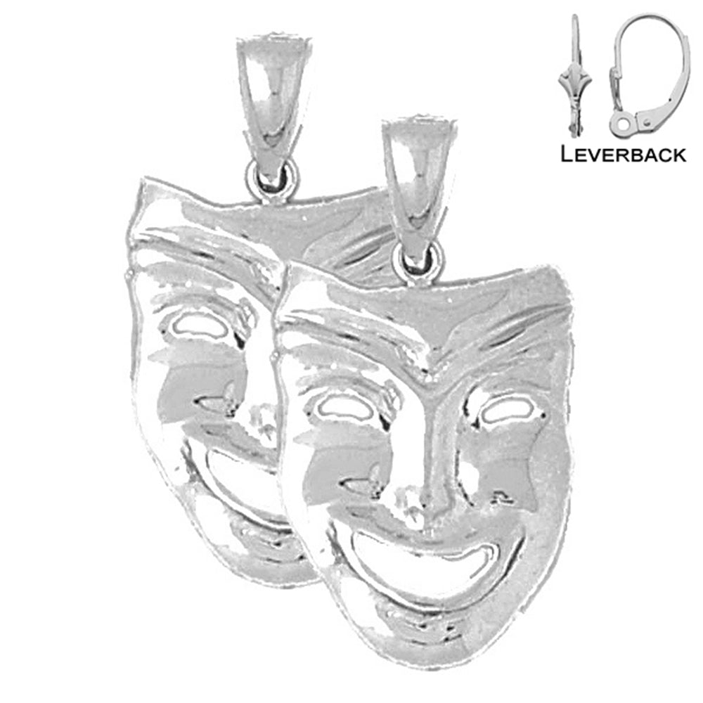 Sterling Silver 28mm Drama Mask, Laugh Now Earrings (White or Yellow Gold Plated)