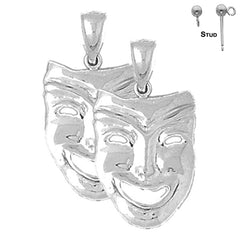Sterling Silver 28mm Drama Mask, Laugh Now Earrings (White or Yellow Gold Plated)