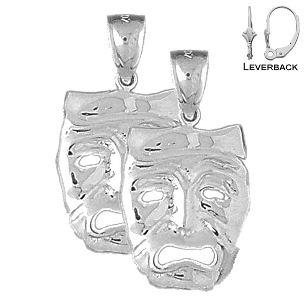 Sterling Silver 28mm Drama Mask, Cry Later Earrings (White or Yellow Gold Plated)