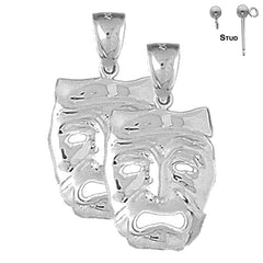 Sterling Silver 28mm Drama Mask, Cry Later Earrings (White or Yellow Gold Plated)