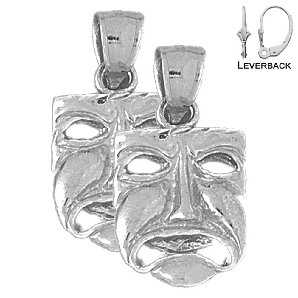 Sterling Silver 27mm 3D Drama Mask, Cry Later Earrings (White or Yellow Gold Plated)