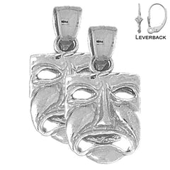 Sterling Silver 27mm 3D Drama Mask, Cry Later Earrings (White or Yellow Gold Plated)