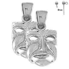 Sterling Silver 27mm 3D Drama Mask, Cry Later Earrings (White or Yellow Gold Plated)