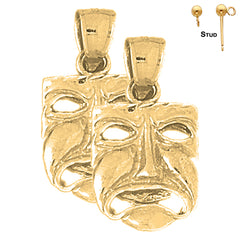 Sterling Silver 27mm 3D Drama Mask, Cry Later Earrings (White or Yellow Gold Plated)