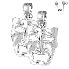 Sterling Silver 25mm Drama Mask, Cry Later Earrings (White or Yellow Gold Plated)