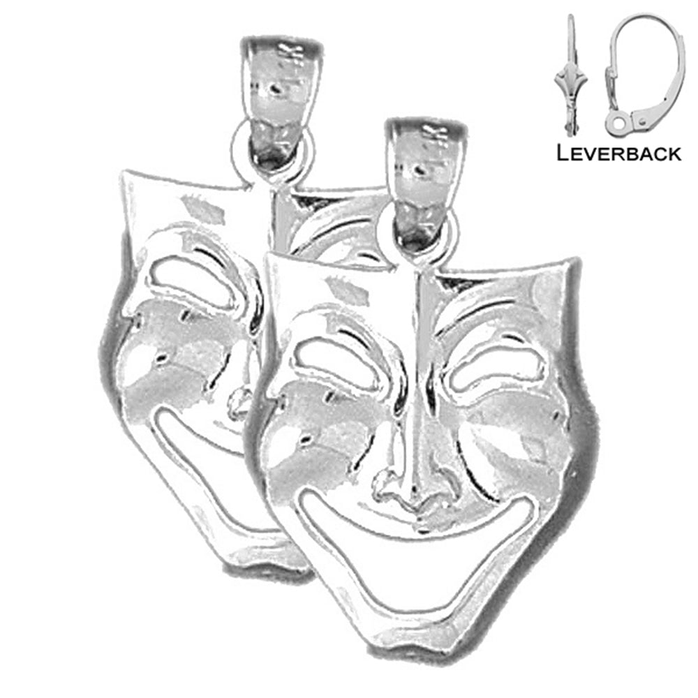 Sterling Silver 23mm Drama Mask, Laugh Now Earrings (White or Yellow Gold Plated)