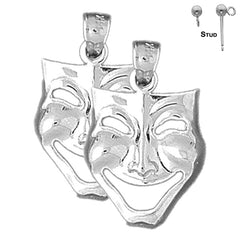 Sterling Silver 23mm Drama Mask, Laugh Now Earrings (White or Yellow Gold Plated)