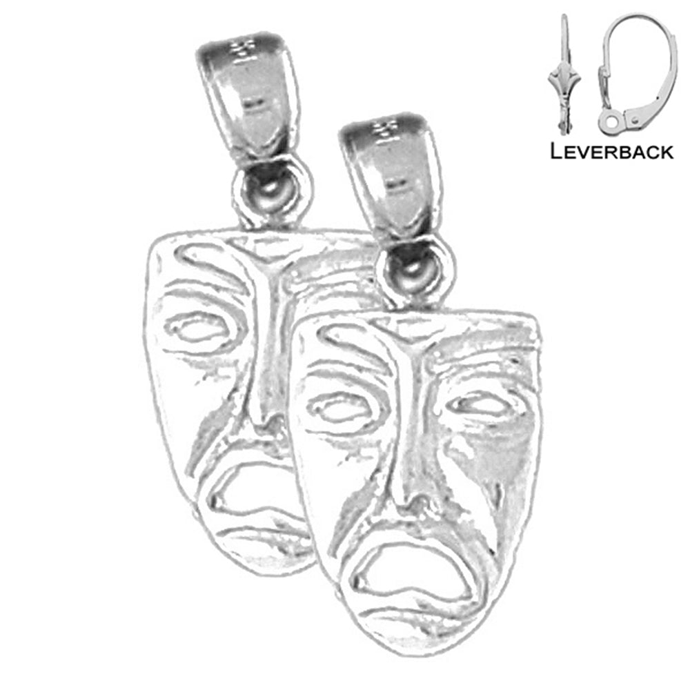 Sterling Silver 22mm 3D Drama Mask, Cry Later Earrings (White or Yellow Gold Plated)