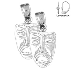 Sterling Silver 22mm 3D Drama Mask, Cry Later Earrings (White or Yellow Gold Plated)