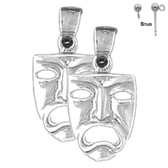 Sterling Silver 20mm Drama Mask, Cry Later Earrings (White or Yellow Gold Plated)