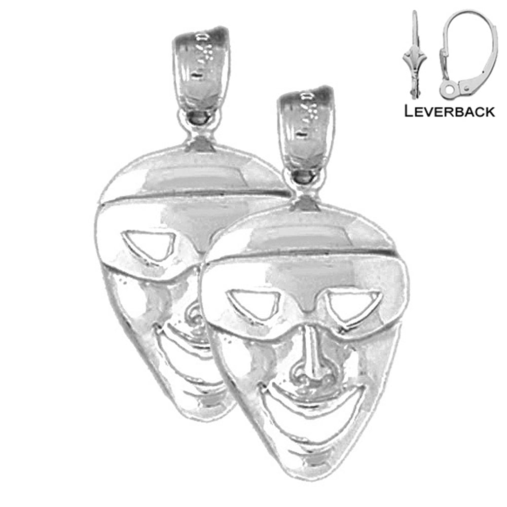 Sterling Silver 25mm Drama Mask, Laugh Now Earrings (White or Yellow Gold Plated)