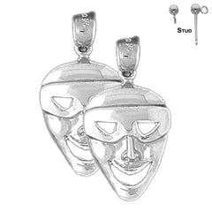 Sterling Silver 25mm Drama Mask, Laugh Now Earrings (White or Yellow Gold Plated)