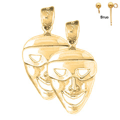 Sterling Silver 25mm Drama Mask, Laugh Now Earrings (White or Yellow Gold Plated)