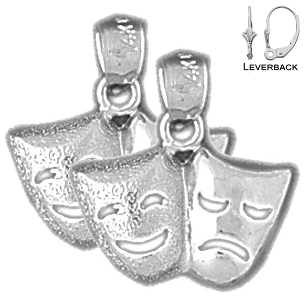 Sterling Silver 16mm Drama Mask, Laugh Now, Cry Later Earrings (White or Yellow Gold Plated)