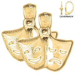 Sterling Silver 16mm Drama Mask, Laugh Now, Cry Later Earrings (White or Yellow Gold Plated)