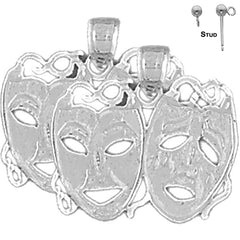 Sterling Silver 19mm Drama Mask, Laugh Now, Cry Later Earrings (White or Yellow Gold Plated)