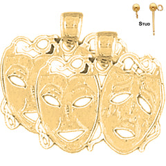 Sterling Silver 19mm Drama Mask, Laugh Now, Cry Later Earrings (White or Yellow Gold Plated)