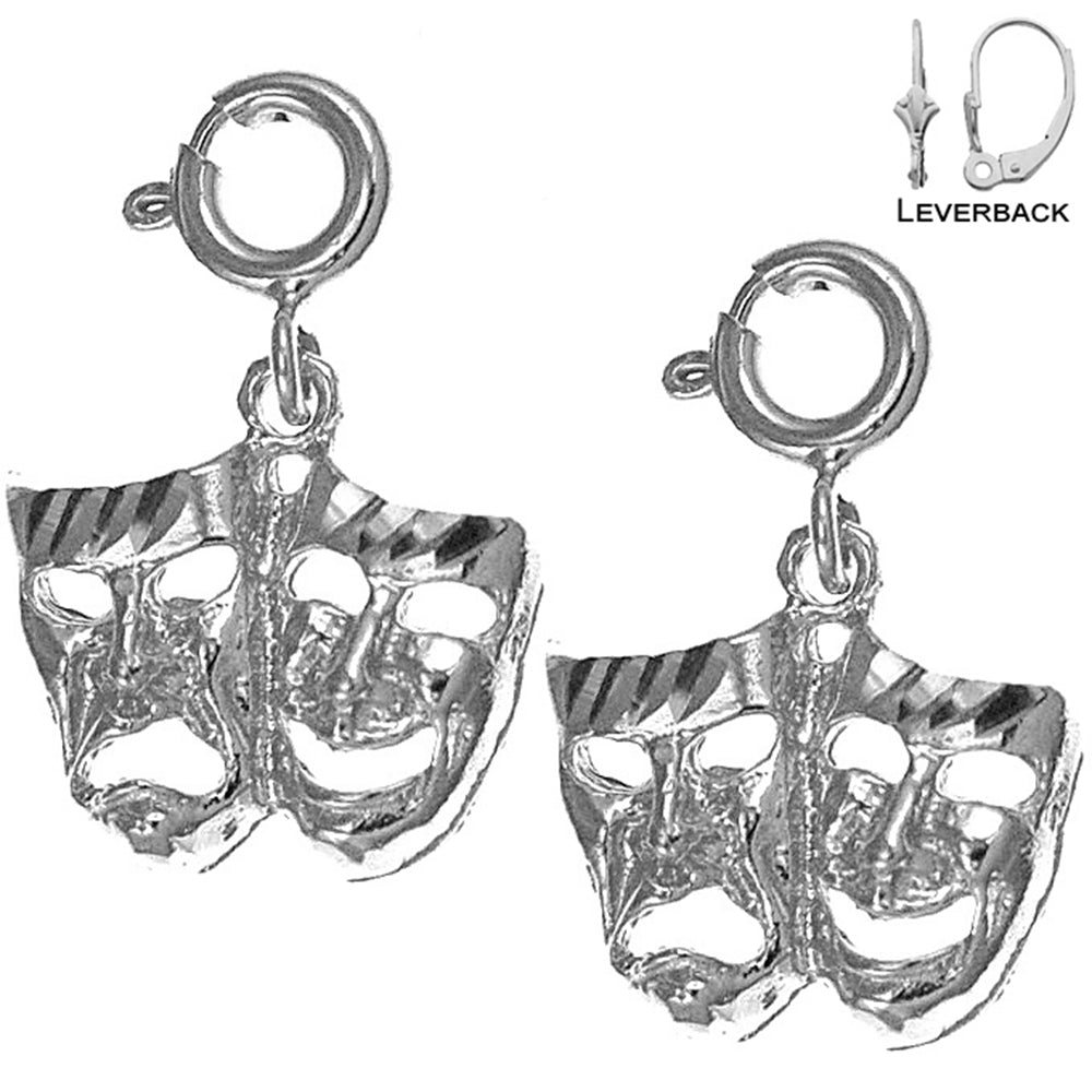 Sterling Silver 19mm Drama Mask, Laugh Now, Cry Later Earrings (White or Yellow Gold Plated)