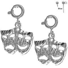 Sterling Silver 19mm Drama Mask, Laugh Now, Cry Later Earrings (White or Yellow Gold Plated)