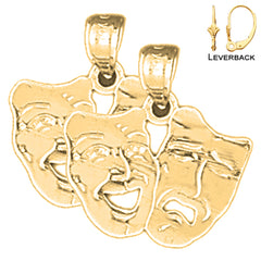 Sterling Silver 19mm Drama Mask, Laugh Now, Cry Later Earrings (White or Yellow Gold Plated)