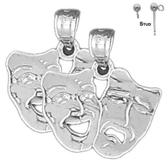 Sterling Silver 19mm Drama Mask, Laugh Now, Cry Later Earrings (White or Yellow Gold Plated)