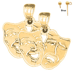 Sterling Silver 19mm Drama Mask, Laugh Now, Cry Later Earrings (White or Yellow Gold Plated)